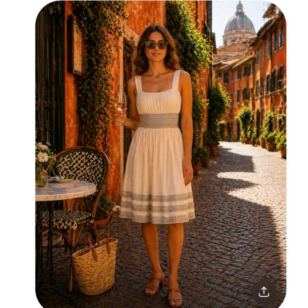 Sigrid Olsen Chiffon Silk Womens Dress 2 XS 0 Cream Brown Roman Holiday Sundress